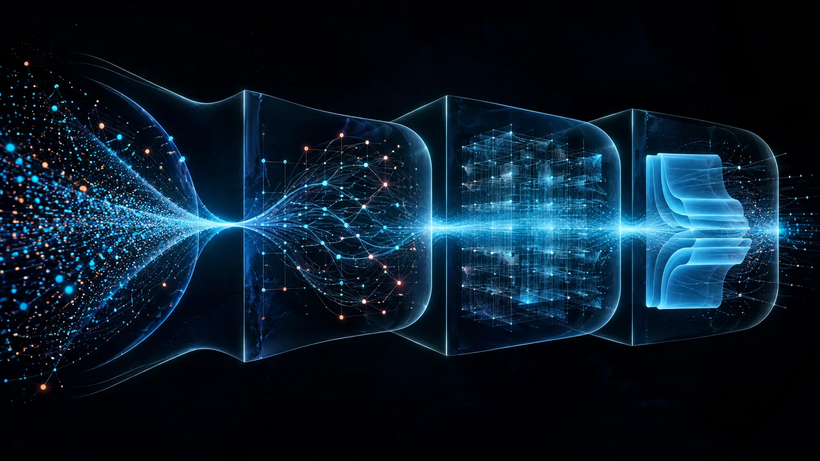 A continuous cyan data current passes through four translucent chambers, progressing from analytics signals to structured technical work and a documented outcome.