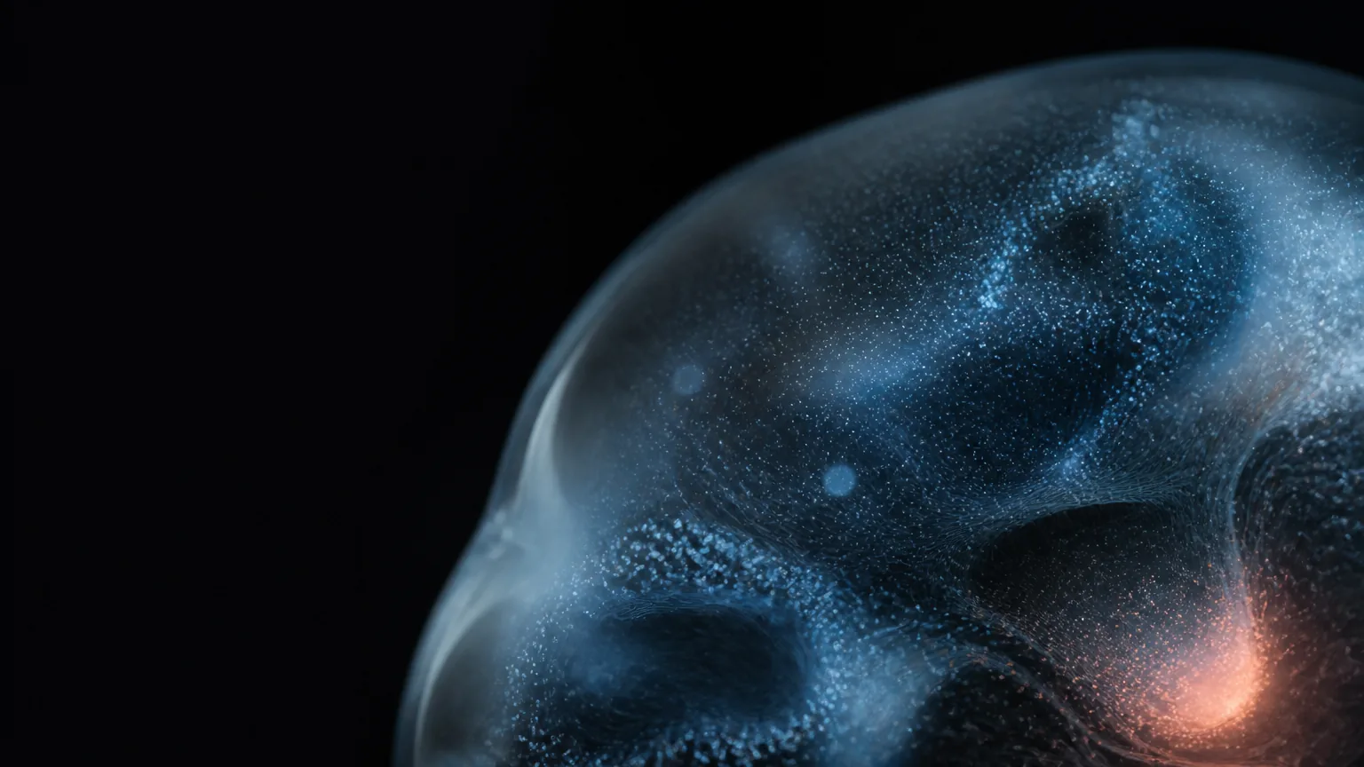 A dense luminous form suspended in darkness, its surface traced with fine networks of light.